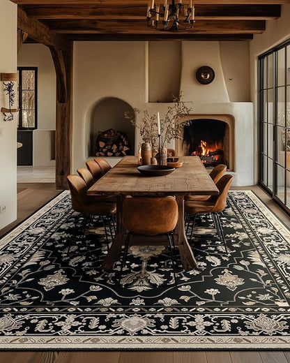 RELEANY Area Rugs 6'x9' Washable Non-Slip, Floral Vintage Distress Print Pattern Medallion Carpet for Living Room Bedroom Dining Room, Black Brown Neutral Dark Tan