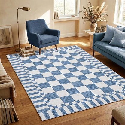 GarveeHome Dark Blue Checkered Rug,Washable 3x5 Rug Non Slip for Entryway,Modern Soft Low-Pile,Neutral Farmhouse Geometric Checkerboard Rug,Small Area Rugs for Bedroom Kitchen Dining Room