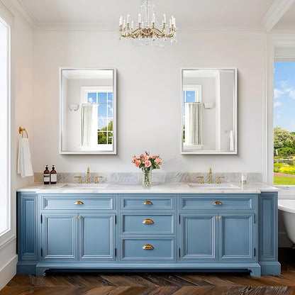 36x24 Silver Bathroom Mirror, Brushed Silver Rectangular Mirror for Wall, 0.6" Thickened Deep Frame Mirrors for Bathroom Sink, Shatterproof Tempered Glass, Antirust, Horizontally or Vertically
