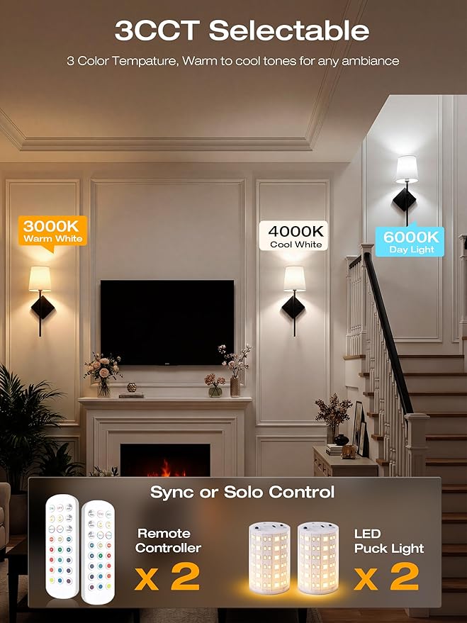 CLOUDY BAY 10000mAh Battery Operated Wall Sconces,Up to 100 Hours with Rechargeable RGB Dimmable Magnetic Bulb,Cordless Wall Lighting Fixtures with Remote for Bedroom,Black,2 Pack-18in