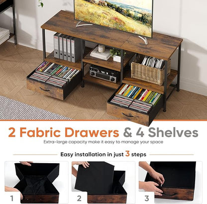 DUMOS 47 Inch TV Stand for 55-65 Inch TVs, Entertainment Center with Charging Station(2AC+USB+Type-C), Media Console Table with Storage Drawers & Open Shelves, Heavy Duty for Living Room, Rustic Brown