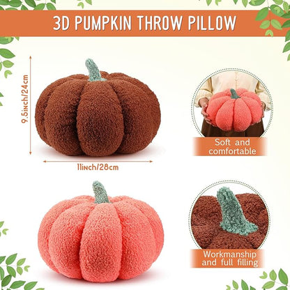 Kajaia 2 Pcs Simulated Pumpkin Plush Pillow 11 x 9.5 Inch 3D Cushion Fall Decorations Stuffed Throw Pillows Toy for Fall Halloween Thanksgiving Bedroom Sofa Couch Supplies (Orange,Brown)