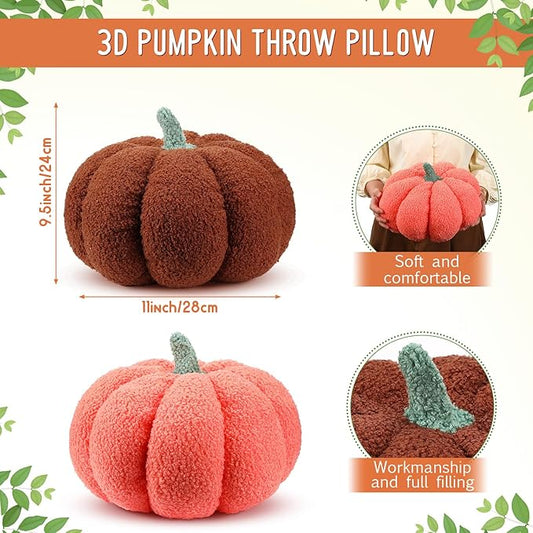 Kajaia 2 Pcs Simulated Pumpkin Plush Pillow 11 x 9.5 Inch 3D Cushion Fall Decorations Stuffed Throw Pillows Toy for Fall Halloween Thanksgiving Bedroom Sofa Couch Supplies (Orange,Brown)