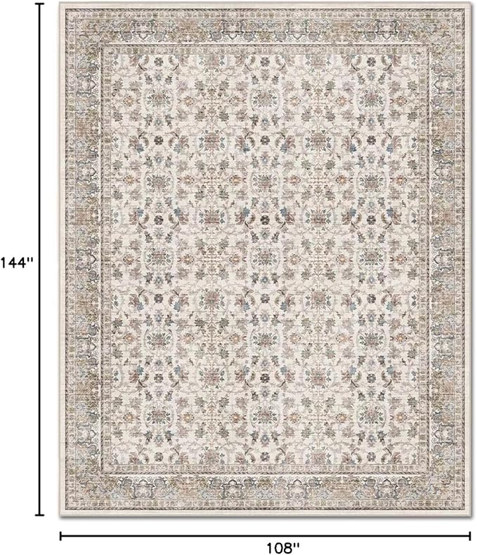 Washable 9x12 Area Rugs for Living Room, Boho Non-Slip Vintage Distress Lager Rugs for Bedroom Dining Room Nursery Office, 0.3" Neutral Oriental Throw Thin Carpet,Cream/Blue/Orange/Multi,A2