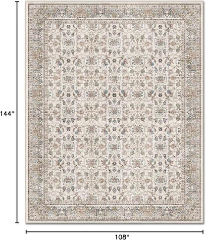 Washable 9x12 Area Rugs for Living Room, Boho Non-Slip Vintage Distress Lager Rugs for Bedroom Dining Room Nursery Office, 0.3" Neutral Oriental Throw Thin Carpet,Cream/Blue/Orange/Multi,A2