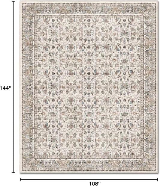 Washable 9x12 Area Rugs for Living Room, Boho Non-Slip Vintage Distress Lager Rugs for Bedroom Dining Room Nursery Office, 0.3" Neutral Oriental Throw Thin Carpet,Cream/Blue/Orange/Multi,A2