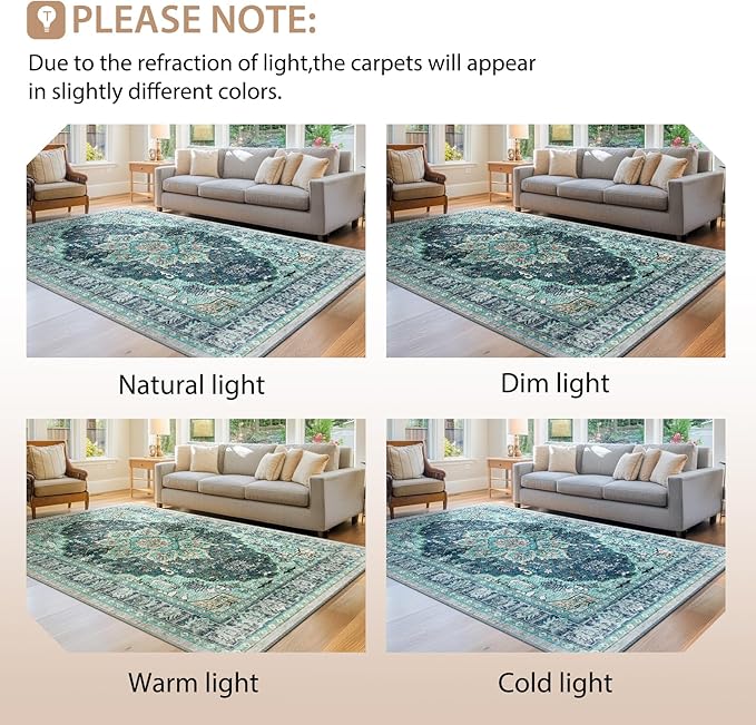 BESTSWEETIE 2x6 Area Rug Washable Rugs for Living Room, No Pile Boho Carpet for Entryway Bedroom Dinning Room, Vintage Carpet Print Distressed Non-Slip, 2 x 6 ft, Teal Dark Green