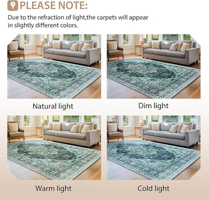 BESTSWEETIE 2x6 Area Rug Washable Rugs for Living Room, No Pile Boho Carpet for Entryway Bedroom Dinning Room, Vintage Carpet Print Distressed Non-Slip, 2 x 6 ft, Teal Dark Green