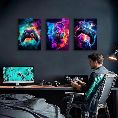 WENGTIAO 3Pcs Framed Gaming Canvas Wall Art Prints Cool Video Gamer Painting Neon Gamepad Headphones Posters Colorful Game Controller Pictures Esports Artwork for Teen Boys Bedroom Play Room 16x24in