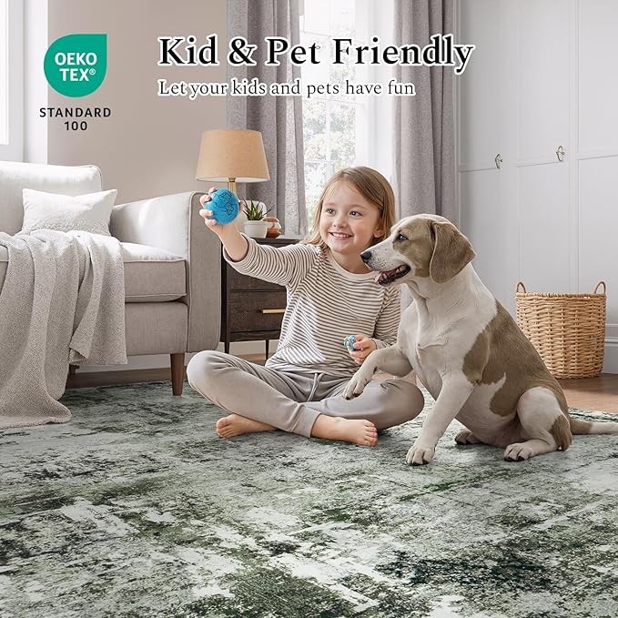 Rugflix 5x7 Area Rugs for Living Room, Washable Large Rug Stain-Resistant Low Pile, Modern Dark Carpet for Dining Room Home Office Kid Room Nursery Bedroom, Dark Green