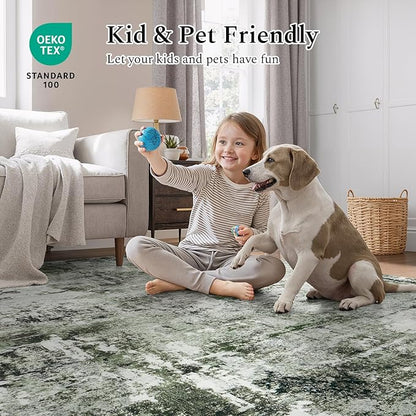 Rugflix 5x7 Area Rugs for Living Room, Washable Large Rug Stain-Resistant Low Pile, Modern Dark Carpet for Dining Room Home Office Kid Room Nursery Bedroom, Dark Green