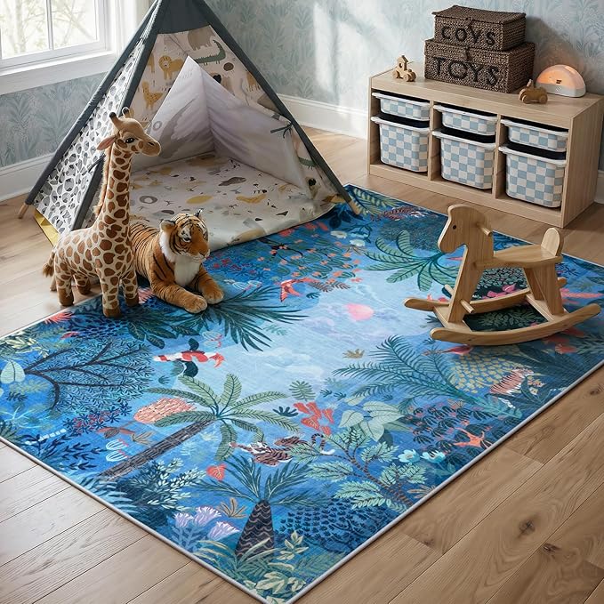 LIVEBOX Washable Jungle Animal Print 5x7 Blue Rug for Living Room, Non-Slip Kids Bedroom Rugs for Boy Playroom Kid Baby Room, Soft Stain Resistant Blue and Green Rug for Nursery Boy Dining