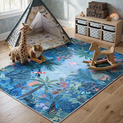 LIVEBOX Washable Jungle Animal Print 5x7 Blue Rug for Living Room, Non-Slip Kids Bedroom Rugs for Boy Playroom Kid Baby Room, Soft Stain Resistant Blue and Green Rug for Nursery Boy Dining