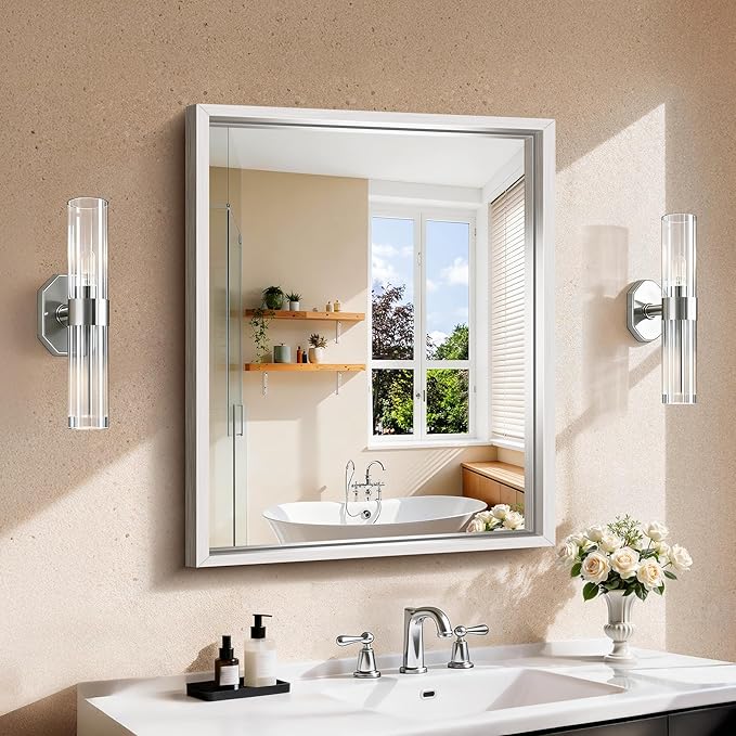 CIRCUMI 24"x30" Brushed Silver Mirror with Chunky Box Metal Frame, Bathroom Mirror for Vanity Remodel & New Home, Living Room, Entryway, Rectangular Wall Mirror, Tempered Glass, Vertical or Horizontal