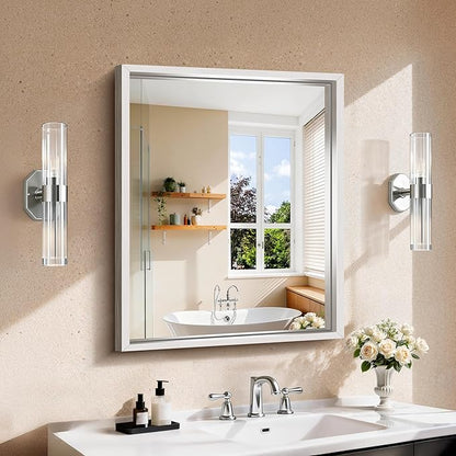 CIRCUMI 24"x30" Brushed Silver Mirror with Chunky Box Metal Frame, Bathroom Mirror for Vanity Remodel & New Home, Living Room, Entryway, Rectangular Wall Mirror, Tempered Glass, Vertical or Horizontal