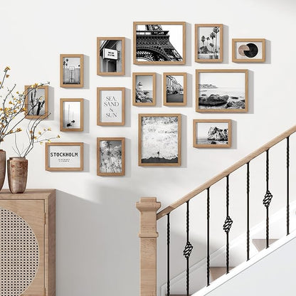 Venusmiles 15 Pack Picture Frames Collage Wall Decor, Gallery Frame Set for Wall Mounting or Tabletop Display, Multi Sizes Including 3pcs 8x10, 6pcs 5x7, 6pcs 4x6, Oak