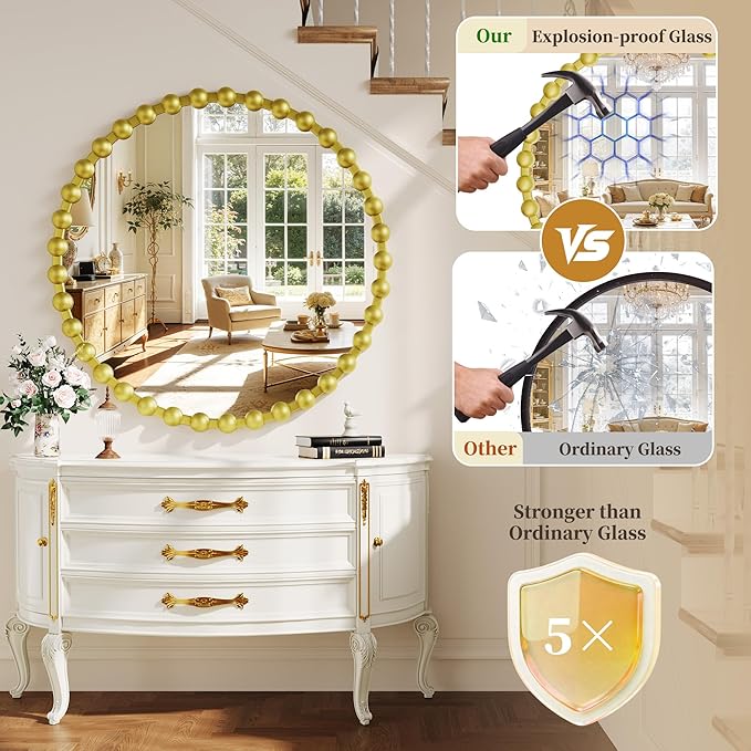 Round Mirror for Wall, 36 Inch Gold Round Vanity Mirror with Beaded Frame, Modern Decorative Wall Mirror for Bathroom, Entryway, Bedroom, Living Room, Gold