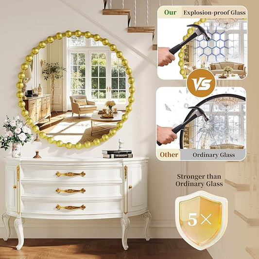 Round Mirror for Wall, 36 Inch Gold Round Vanity Mirror with Beaded Frame, Modern Decorative Wall Mirror for Bathroom, Entryway, Bedroom, Living Room, Gold