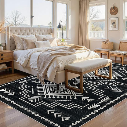 Joydeco Moroccan Black 8x10 Area Rugs for Living Room, Non-Slip Western Large Bedroom Dining Room Rug, Throw Stain Resistant Geometric Aztec Print Modern Soft Carpet for Playroom Office