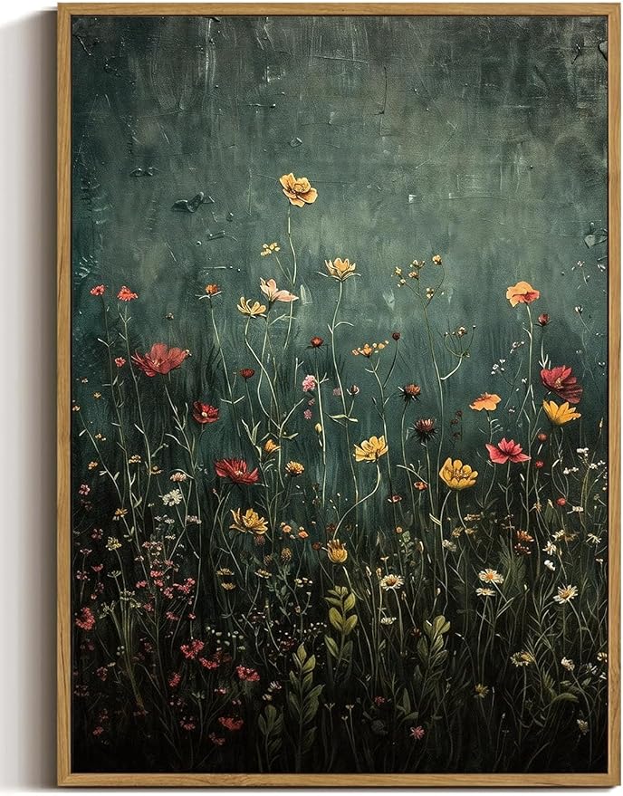 WALLZK Vintage Framed Wall Art Wildflower Canvas Prints Botanical Pictures Green Nature Floral Decor Artwork for Walls Living Room Bedroom Bathroom 16"x24"