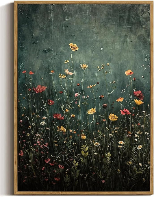WALLZK Vintage Framed Wall Art Wildflower Canvas Prints Botanical Pictures Green Nature Floral Decor Artwork for Walls Living Room Bedroom Bathroom 16"x24"