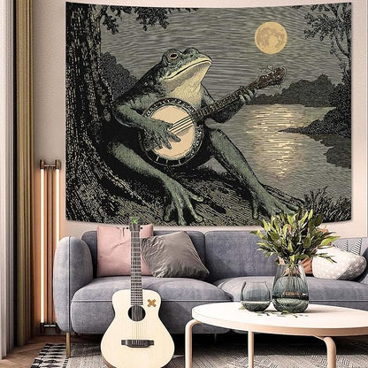 Leeisysme Funny Frog Tapestry, Boho Vintage Wall Hanging with Playing Banjo, Aesthetic Meme Decor for Bedroom Dorm Living Room, 60x80 inches