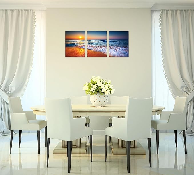 TutuBeer 3 Pcs Ocean Pictures Beach Pictures Beautiful Sunrise over the Sea Picture Print on Canvas Wall Decor Beach Picture Ocean Wall Art Stretched and Framed 12" x 16" x 3 Pcs