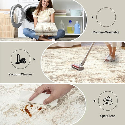 8x10 Area Rugs Washable Rug: Modern Abstract Living Room Rug Soft Anti-Skid Thin Carpet Indoor Floor Non-Shedding Carpets for Bedroom Dining Room Farmhouse Nursery Home Office Beige Grey