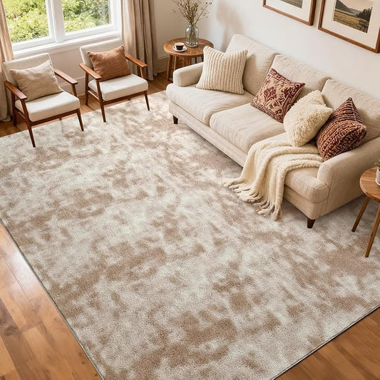 FinRèc 5x7 Washable Area Rugs for Bedroom Living Room, Low Pile Thin Ultra Soft Shag Rug, Non-Slip Carpet Indoor for Home Decor (Tie-dye Light Tan)