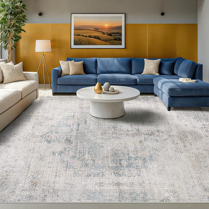 Hazo Haus Modern Farmhouse Area Rug for Living Room - 10x14 Blue Gray Big Rug for Dining Room Table, Lightweight Foldable Low Pile Washable