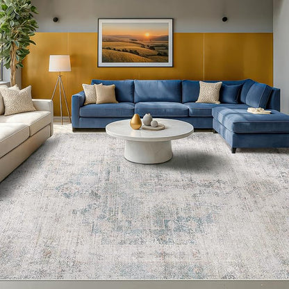 9x12 Washable Area Rug for Living Room, Large Light Blue Vintage Medallion Rug, Non Slip Low Pile Stain Resistant Carpet for Bedroom Dining Room, Soft Distressed Neutral Home Decor