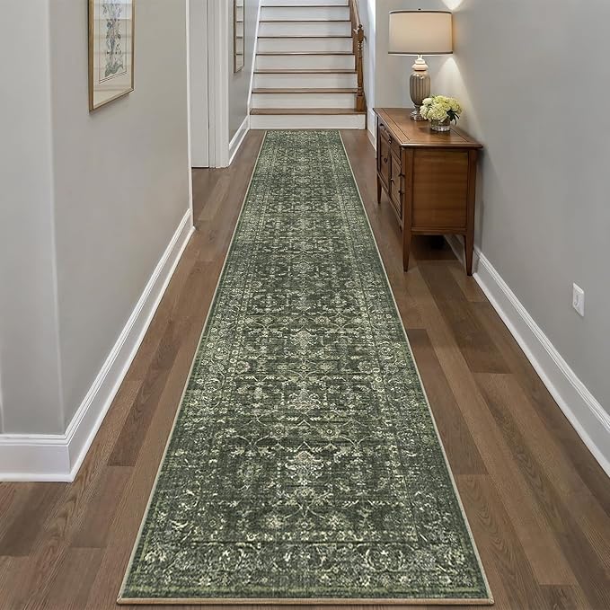 2x12 Green Runner Rug Hallway Washable Area Rugs Kitchen Vintage Boho Non Slip Long Rug Floral Carpet Indoor Retro Soft Low Pile Throw Rug for Bedroom Bathroom Laundry Dining Living Room Office