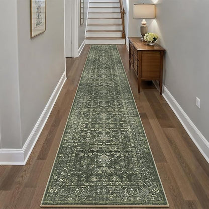 2x12 Green Runner Rug Hallway Washable Area Rugs Kitchen Vintage Boho Non Slip Long Rug Floral Carpet Indoor Retro Soft Low Pile Throw Rug for Bedroom Bathroom Laundry Dining Living Room Office
