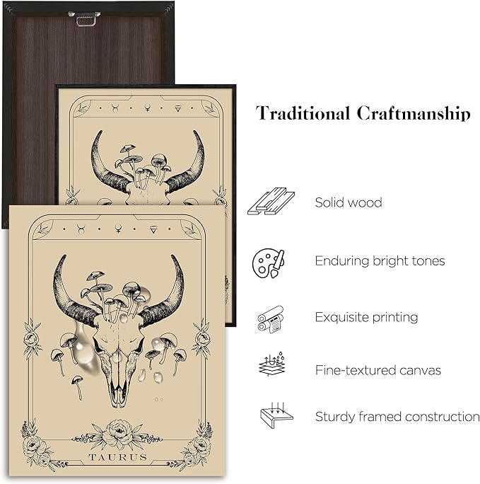 SERIMINO Witchy Framed Wall Art, Taurus Tarot Canvas Prints Paintings, Horoscope Dark Academia Home Decor Aesthetic, 16x24inch Gothic Wall Decor for Room