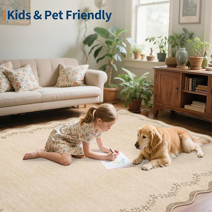 GarveeHome Scalloped Area Rugs 8x10 for Living Room, Solid Tan Jute Large Washable Rug Soft Non Slip Backing Floor Mat Carpet Indoor Thin Rug for Bedroom Dining Room Playroom Nursery Home Decor