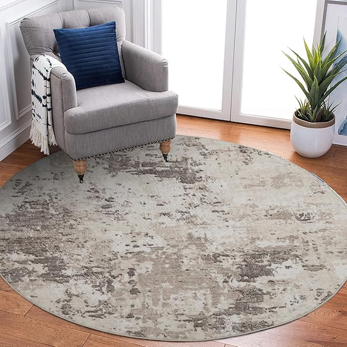 ROYHOME Modern Abstract 6x6 Round Area Rug Non Slip Non Shedding Rug Low Pile Stain Resistant for Bedroom Living Room Office Dining Room,Brown Grey