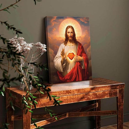 Jesus Sacred Heart Christian Wall Art, Divine Mercy Canvas Paintings Prints Posters Wall Decor, Christ Jesus Portrait Home Decor for Living Room Dining Room Prayer Room Decor 24x36 in Framed