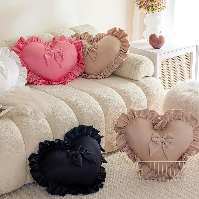 MOJUN Heart Pillow, Cute Soft Heart Shaped Throw Pillow Ruffle Love Bow Pillow Decorative Pillows Cushion for Couch Sofa Living Room Bed Chair Wedding Gifts Pillows, Champagne