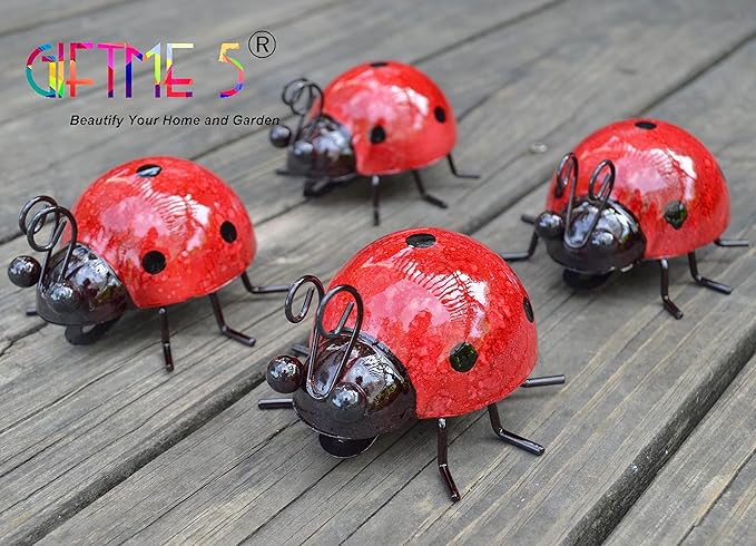 Metal Garden Yard Art Decorative 4 Pack Ladybugs Outside Garden Wall Sculptures(RED)