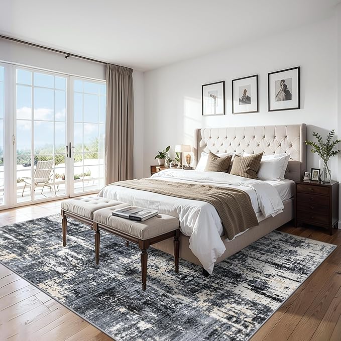 8x10 Area Rugs for Living Room - Washable Rug Modern Abstract Soft Large Neutral Non-Slip Carpet Indoor Floor Thin Carpets for Bedroom Dining Room Farmhouse Nursery Home Office Black Gold