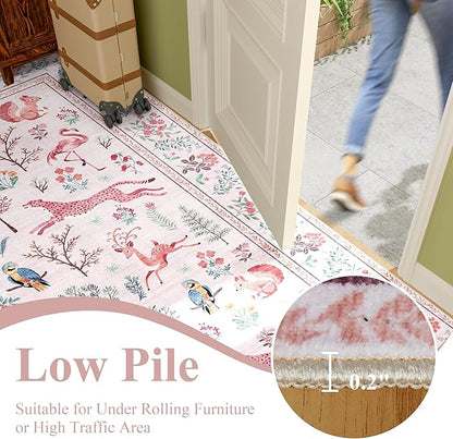 DUKINO 4x6 Rug, Washable Animal Area Rug with Non Slip Vintage Design, Indoor Soft Low Pile Carpet for Bedroom, Nursery, Dining Room, Farmhouse, Playroom, Pink