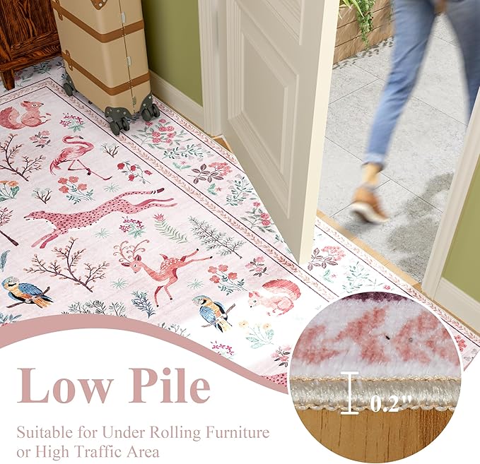 DUKINO 5x7 Rug, Washable Animal Living Room Rug with Non Slip Vintage Design, Soft Low Pile Large Carpet for Bedroom, Nursery, Dining Room, Farmhouse, Playroom, Pink