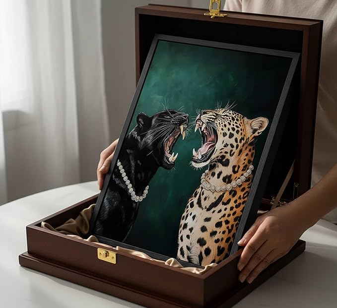 Framed Cheetah Canvas Wall Art Emerald Green Vintage Leopard Painting Picture Wall Decor Wild Animals Poster Print Artwork for Bedroom Living Room Apartment Home Decoration