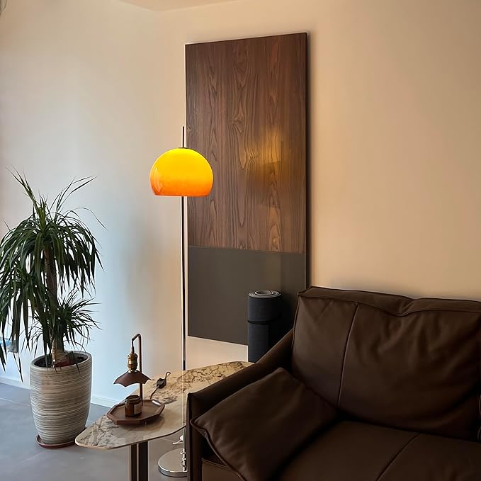 Glass Floor Lamp, Industrial Standing Lamp with Orange Dome Shade, Mid Century Tall Pole Standing Accent Lighting for Office Living Room Bedroom