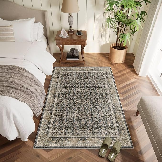 Washable 2x3 Entryway Rug, Boho Non-Slip Door Mat Vintage Distress Small Rugs for Kitchen Nursery Office Bedroom, 0.3" Neutral Oriental Throw Carpet with Cushioning Pad, Black/Blue/Multi,A1
