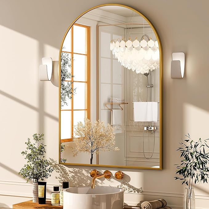 GLSLAND 20x30 inch Arch Bathroom Mirror - Arched Bathroom Mirror/Wall Mounted Vanity Mirror - Arch Metal Frame Wall Mirror for Bathroom Bedroom Living Room, Gold