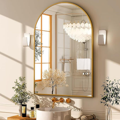 GLSLAND 20x30 inch Arch Bathroom Mirror - Arched Bathroom Mirror/Wall Mounted Vanity Mirror - Arch Metal Frame Wall Mirror for Bathroom Bedroom Living Room, Gold