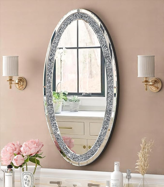SHYFOY Oval Wall Mirror 36"x23", Frameless Crystal Accent Mirror with Crushed Diamond Border, Silver Glass Decorative Mirror for Bathroom Bedroom Entryway Fireplace Mantel