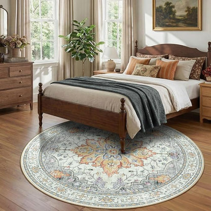 RELEANY Area Rugs Round 8ft Washable Non-Slip, Floral Vintage Distress Print Pattern Medallion Carpet for Living Room Bedroom Dining Room, Light Yellow Carbon Grey Orange