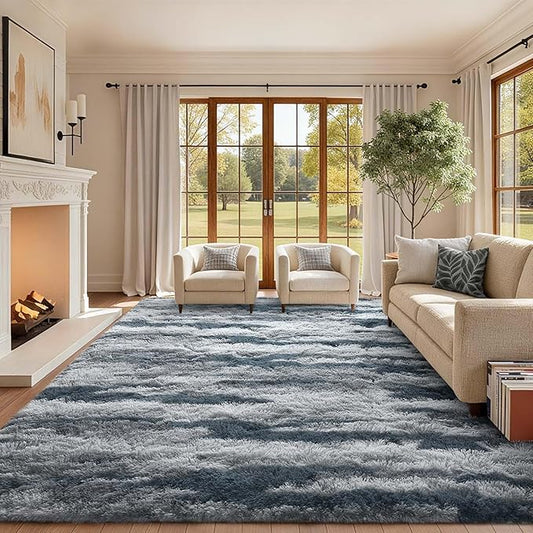 9x12 Ft Extra Large Shag Rugs for Living Room, Tie Dyed Ultra Soft Fluffy Furry Area Rugs for Bedroom Indoor Floor, Aesthetic Carpet for Kids Home Decor (Blue)